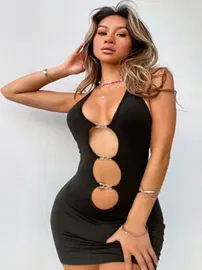 Ruselin Siyah Göğüs Dekolteli Kalp Detaylı Mini Seksi Elbise Ruselin 5138