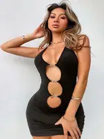 Siyah Göğüs Dekolteli Kalp Detaylı Mini Seksi Elbise Ruselin 5138 Siyah