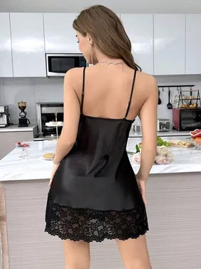 Real Passione Siyah Göğüs ve Etek Bölümü Dantelli Saten Gecelik Real Passione 2153 - Alternatif Görünüm