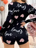 Siyah Kalp Desenli Love Yazılı Düğmeli Tulum Pijama Ruselin 5124 Siyah detay görünüm