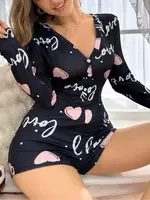 Siyah Kalp Desenli Love Yazılı Düğmeli Tulum Pijama Ruselin 5124 Siyah görsel 4