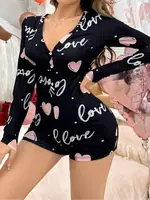 Siyah Kalp Desenli Love Yazılı Düğmeli Tulum Pijama Ruselin 5124 Siyah görsel 5