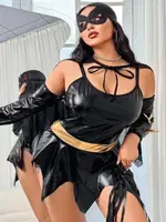 Siyah Parlak Kumaş Seksi Yarasa Kadın Cosplay Kostüm Jesica Bella JB-15042 Siyah detay görünüm