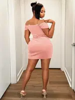 Straplez Zincir Askılı Pembe Büzgülü Mini Kadın Elbise Pink Night 2320 Pembe detay görünüm