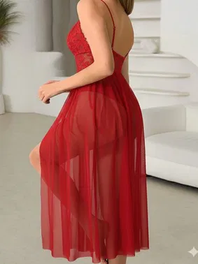 Beleng Uzun Kırmızı Tül Dantel Seksi Gecelik Beleng 6416 - Alternatif Görünüm