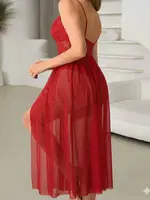 Uzun Kırmızı Tül Dantel Seksi Gecelik Beleng 6416 Kırmızı detay görünüm