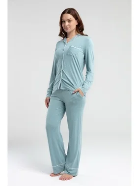 Derya Kurşun Uzun Kol Önden Düğmeli Kadın Pijama Takımı Derya Kurşun 8986 - Alternatif Görünüm