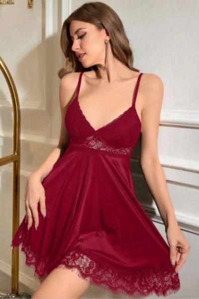 Bordo Dantel Detaylı Askılı Fantazi Gecelik Real Passione 2123