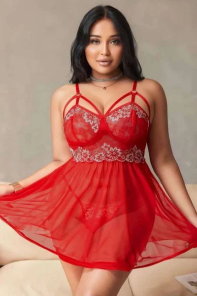 Büyük Beden Dantelli Kırmızı Transparan Fantazi Gecelik Real Passione 13100