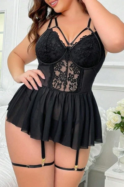 Büyük Beden Siyah Dantel Etekli Fantazi Jartiyer Takımı Real Passione J-84