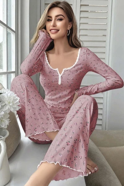 Çiçek Desenli Yumuşak Pamuklu Uzun Pijama Takımı Ruselin 5132