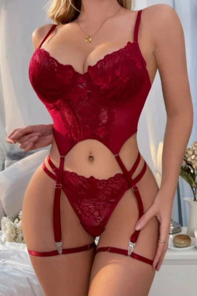 Dantel Korse Form Kırmızı Jartiyer Takımı Real Passione 7118