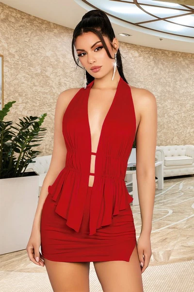 Halter Yaka Sırt Dekolteli Kırmızı Mini Elbize Pink Night 2313