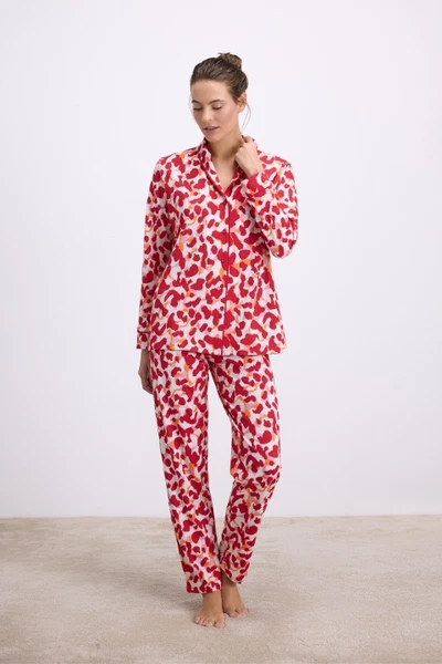 Kadın Desenli Uzun Kollu Gömlek Yaka Pijama Takımı Nefes Alabilir Yumuşak Kumaş (Jersey) Anıl 11564