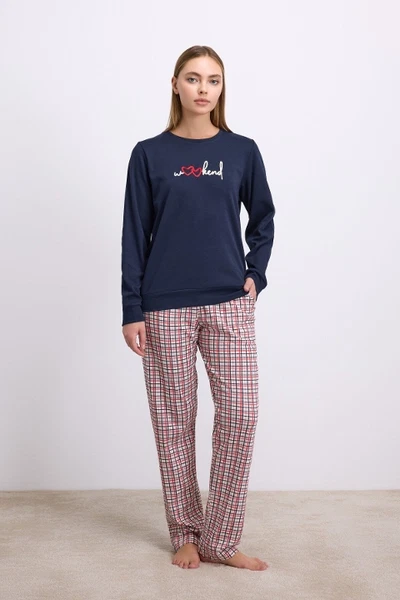 Kadın Uzun Kol Sweatshirt ve Ekose Pantolon Pijama Takımı Rahat ve Şık Ev Giyimi Anıl 11585
