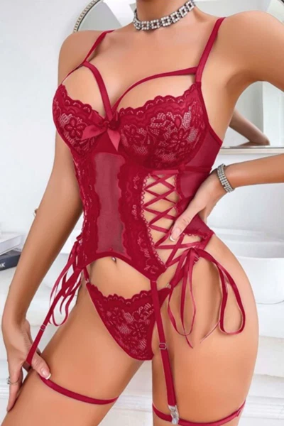 Korse Görünümlü Bordo Dantelli Fantazi Jartiyer Takım Ruselin 2215