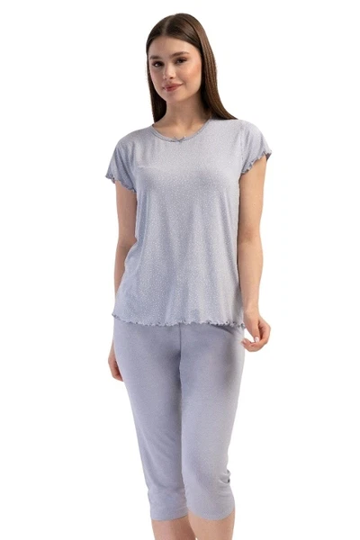 Likralı Viskon V Yaka Kısa Kol Eteği Oval Kapri Takım Vienetta K409306