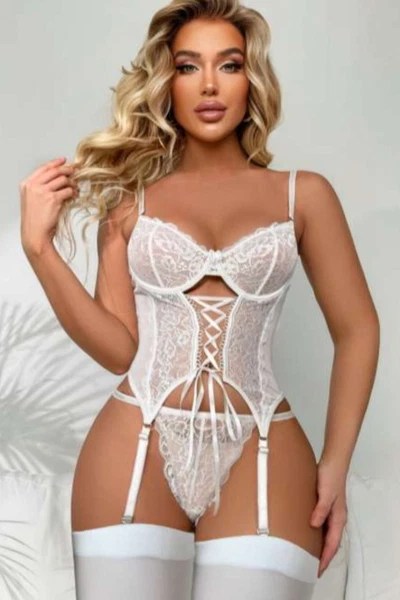 Ön Bağcıklı Dantelli Beyaz Korse Jartiyer Takımı Real Passione 7123