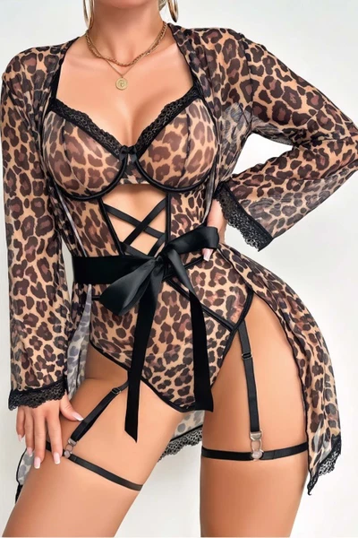 Sabahlıklı Jartiyer İpli Leopar Fantazi Body Lily Bianca LB-258